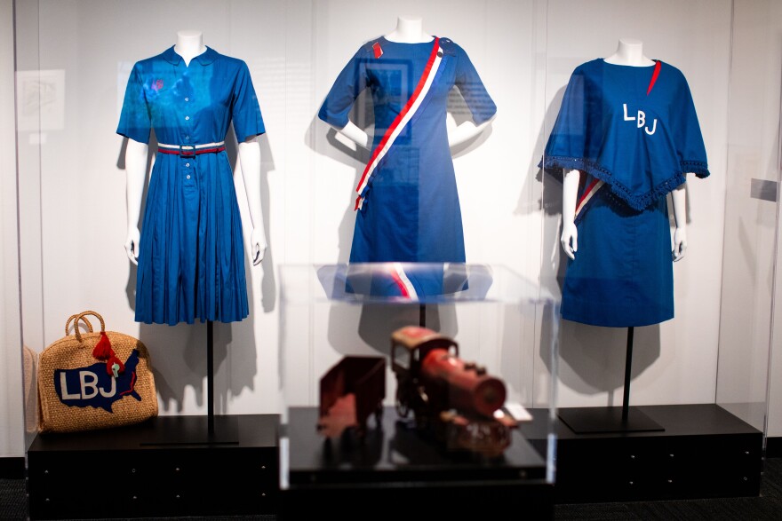 Clothing that belonged to Lady Bird Johnson is on display Tuesday during a media preview of the new exhibit at the LBJ Presidential Library, "Lady Bird: Beyond the Wildflowers."