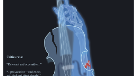 Promotional image for the opera showing an x-ray of a broken arm holding a cracked violin
