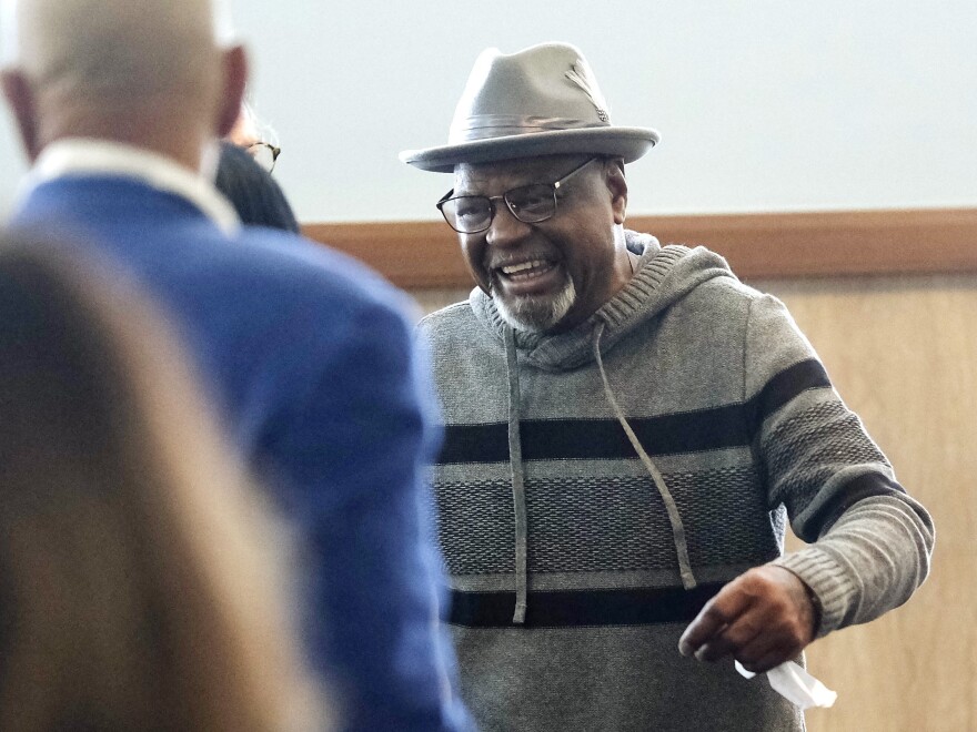 Glynn Simmons reacts as he leaves court after a judge ruled to approve his "actual innocence" claim during a hearing at the Oklahoma County Courthouse on Tuesday, Dec. 19, 2023, in Oklahoma City, Okla.