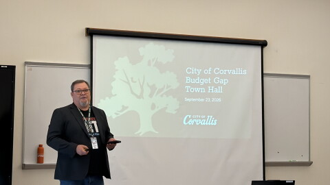 Corvallis Mayor Charles Maughan speaks at the first of four budget gap town hall meetings, Sept. 23, 2026.