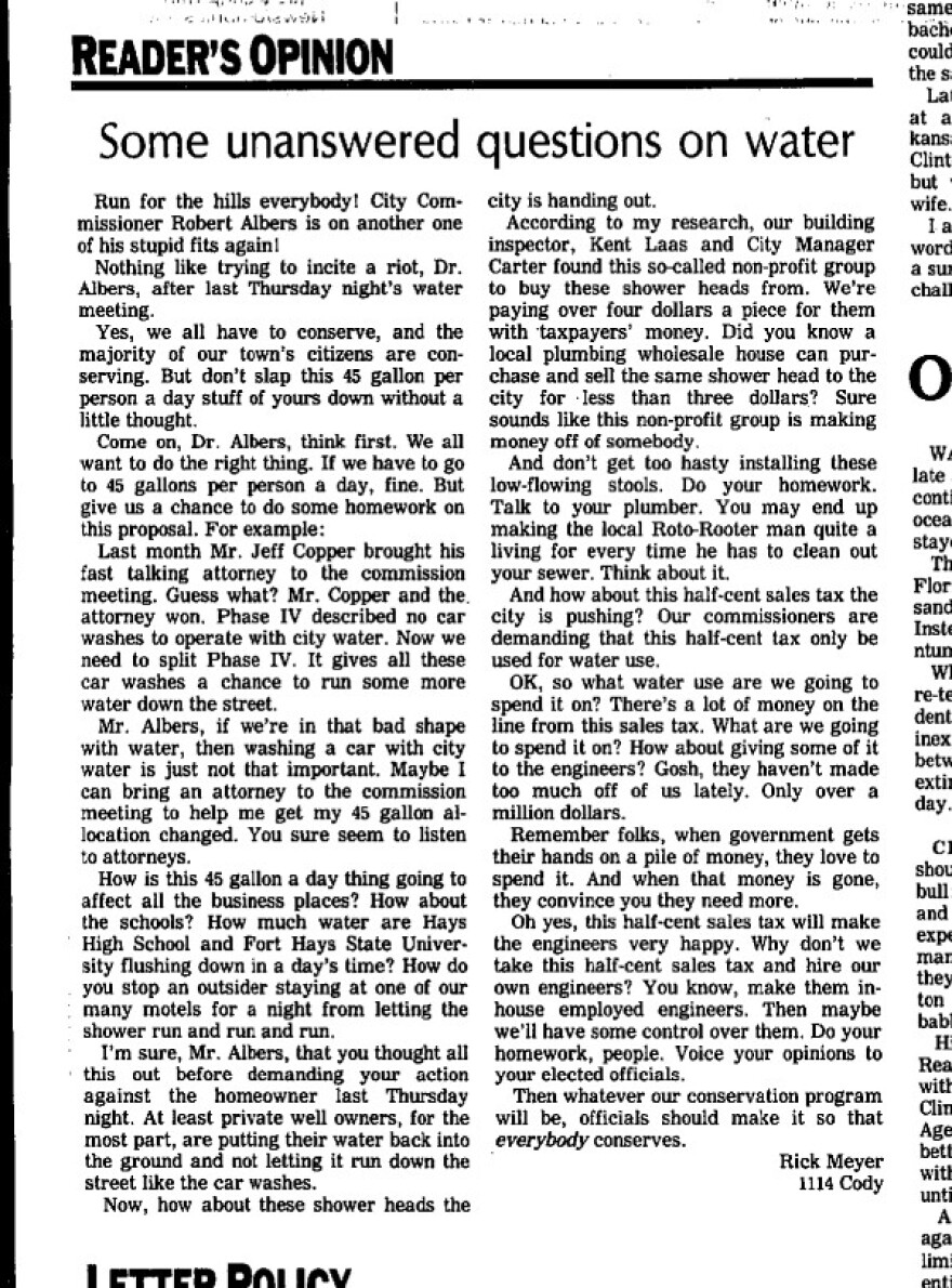 This letter from a Hays Daily News reader pushes back on some of the city's proposals for saving water.