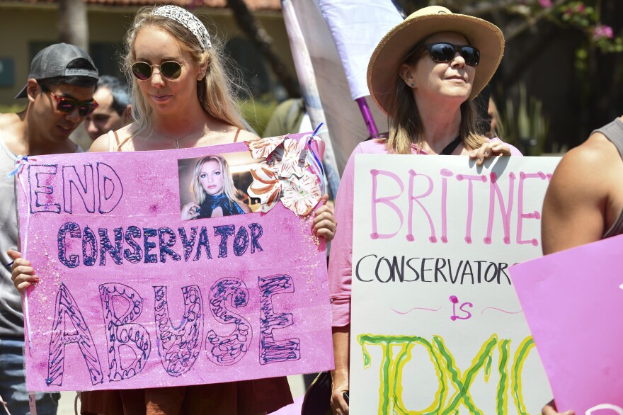 WEST HOLLYWOOD, CALIFORNIA - JULY 18: Protesters attend the #FreeBritney March starting in Plummer Park on July 18, 2021 in West Hollywood, California. The group is calling for an end to the 13-year conservatorship lead by the pop star's father, Jamie Spears and Jodi Montgomery, who have control over her finances and business dealings. (Photo by Rodin Eckenroth/Getty Images)