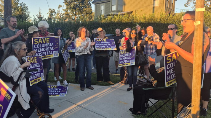 Community members and Columbia Memorial Hospital staffers gather for a protest in Hudson on Sept. 14, 2026.