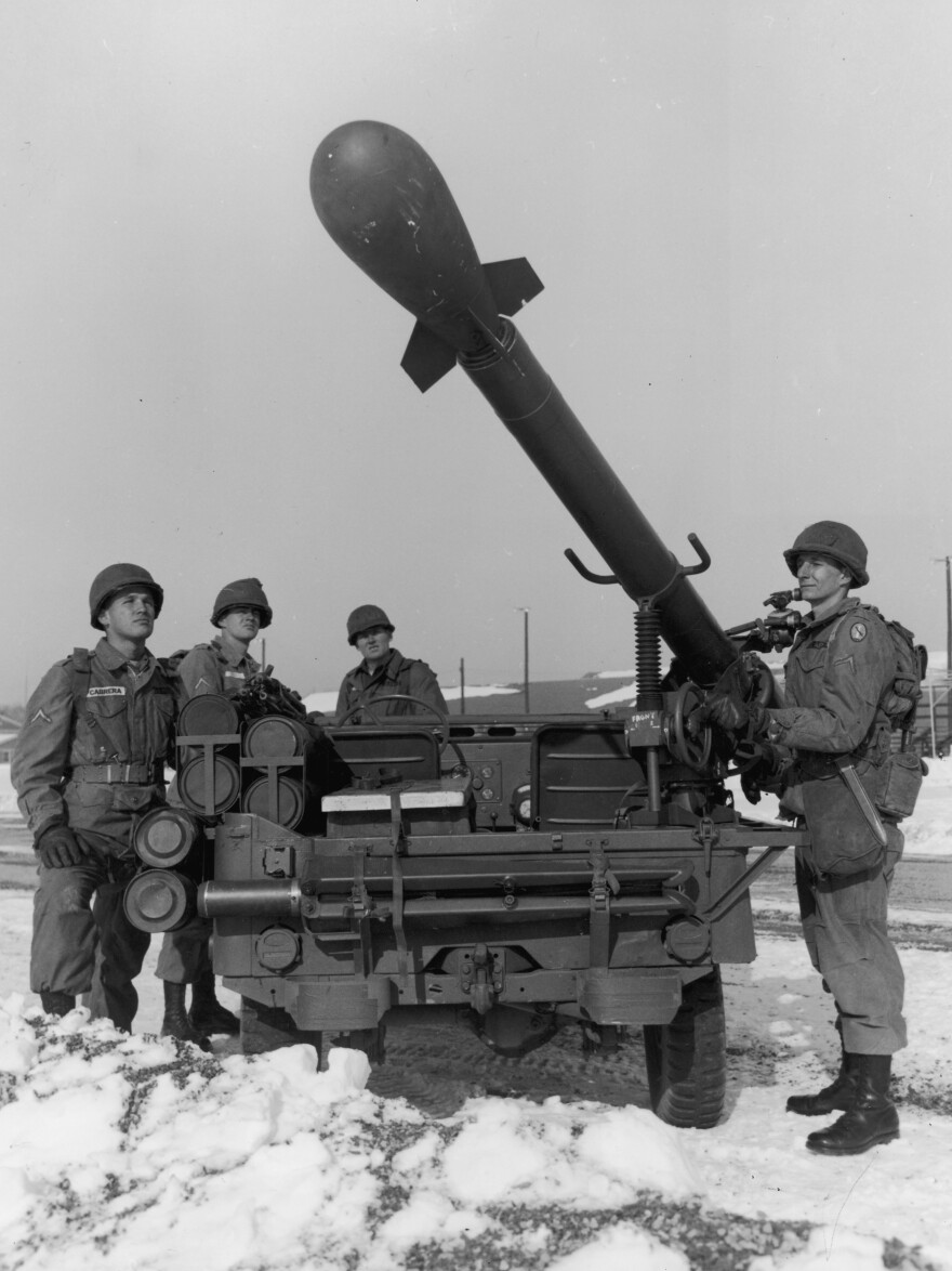 A U.S. Army soldier operates a Davy Crockett battlefield nuclear weapon mounted on a jeep. The U.S. military once planned for wars in which small battlefield nukes would be used.