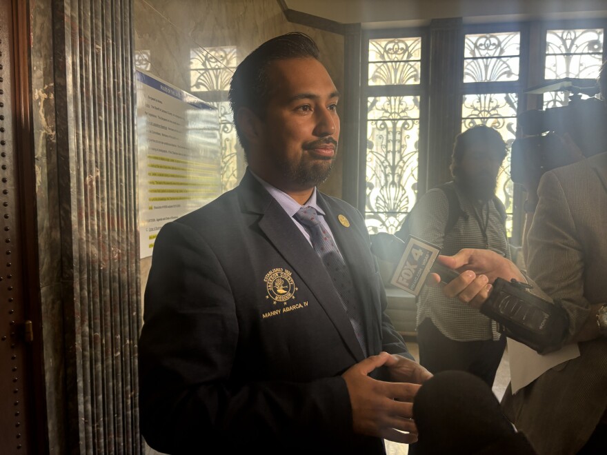 Jackson County Legislative Chair Manny Abarca speaks to media after a closed-door session he called to discuss allegations of bribery.