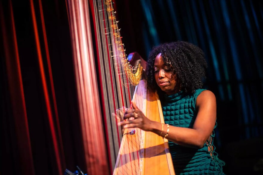 Harpist Brandee Younger performing during a KNKX session at Dimitriou's Jazz Alley in 2023.