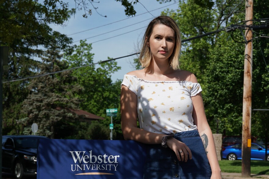 Tamsen Reed in front of the Webster University communications department building. May 17, 2019.