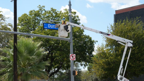 The city's public works department could be seen hoisting Durango signs into place this week