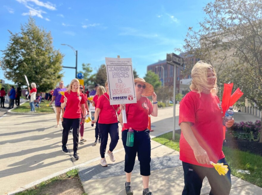 Kaleida Health workers, represented by Communications Workers of America Local 1168 and 1199 SEIU United Health Care Workers East, picket near Buffalo General Medical Center and Oishei's Children's Hospital Aug. 18, 2022.