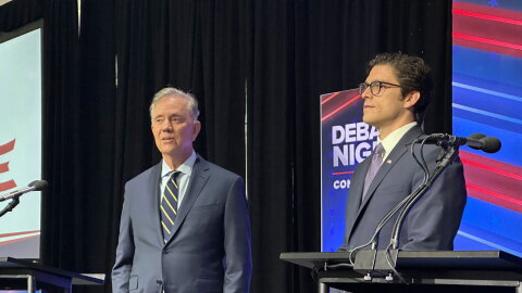 Gov. Ned Lamont and Republican gubernatorial candidate Ryan Fazio at a debate at Mohegan Sun on Tuesday, Oct. 27, 2026.