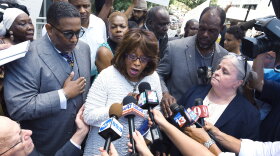 U.S. Rep. Corrine Brown addresses the media outside the Federal Courthouse, Friday, July 8, 2016, in Jacksonville, Fla. Brown and her chief of staff have been charged with multiple fraud and other federal offenses in a grand jury indictment unsealed Friday. (Bob Self/The Florida Times-Union via AP)