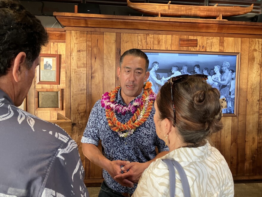 Kauaʻi Mayor Derek Kawakami speaks to people at a meet-and-greet event in Waikīkī in Honolulu on June 29, 2026