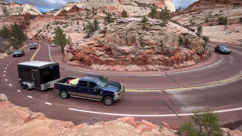 This curve on the east side of Zion National Park is one of more than a dozen sharp turns that push oversized vehicles to cross the lane line as they drive on the Zion-Mt. Carmel Highway, March 19, 2024.