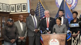 Albany Mayor Dorcey Applyrs addresses the city's 2025 budget deficit during a press conference on Friday, May 1, 2026.