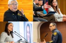 From left, Bexar County Judge Peter Sakai speaks during a County Budget Town Hall, Councilmember Marina Aldrete Gavito (D7) speaks at the Metro SA Chamber’s City Vision event, Mayor Gina Ortiz Jones speaks at the Metro Chamber event and SAPD Chief Jesse Salame speaks during city budget discussions.