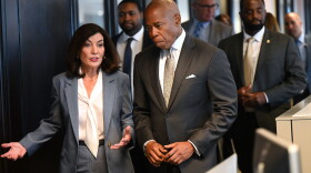 Gov. Kathy Hochul, left, spent the anniversary of her year in office meeting with New York City Mayor Eric Adams, right, and ATF officials to combat illegal guns through a program she started.  