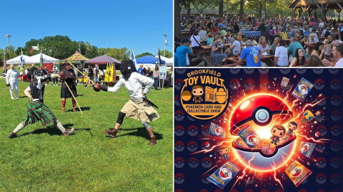 (Clockwise from left) The Wisconsin Highland Games, Oktoberfest at the Bavarian Bierhaus, and the Brookfield Toy Vault's Pokémon Card & Collectible Show.