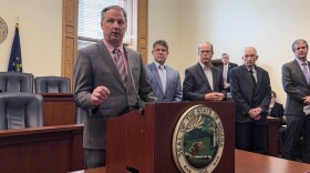 From left to right, House Speaker Todd Huston (R-Fishers), Senate President Pro Tem Rodric Bray (R-Martinsville), Gov. Mike Braun, Rep. Jeff Thompson (R-Lizton) and Sen. Ryan Mishler (R-Mishawaka) unveiled details of the final version of the new state budget on April 23, 2025.