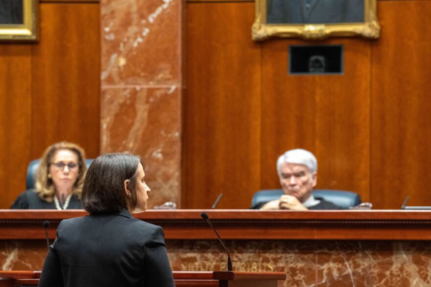 Center for Reproductive Rights attorney Molly Duane speaks in the court room at the Texas Supreme Court in Austin, Texas.