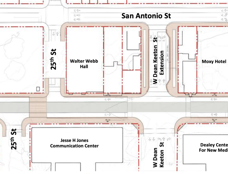 A map showing the proposed Dean Keeton Street extension