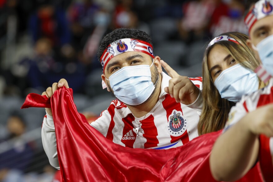 Chivas Guadalajara fans during the first half of a friendly soccer match against the C.D. FAS, Wednesday, Oct. 6, 2021, in Los Angeles.