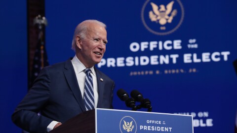 President-elect Joe Biden addresses the media Tuesday in Wilmington, Del., about the Trump administration's attempt to overturn the Affordable Care Act.