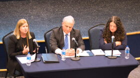 Brandee Hancock, chief legal officer at Oklahoma State University, Andy Lester, an attorney and former state regent, and Mackenzie Wilfong, general counsel at Tulsa Community College, discuss free speech during a training program hosted by the Oklahoma Free Speech Committee at the University of Central Oklahoma in Edmond on Thursday, April 11, 2024.