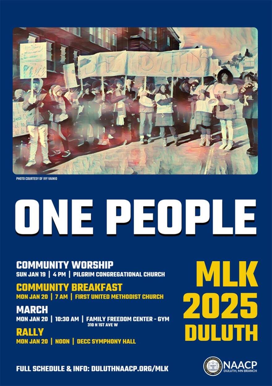 Blue and white poster with large text reading "One People" and "MLK 2025 Duluth", image of people gathered holding signs, and a list of events