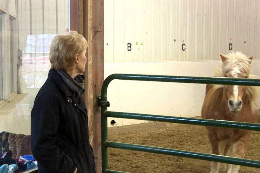 Program director at Agape Therapeutic Riding, Linda Hazard, watches as men in the group participate in a training activity with the horses called lunging.