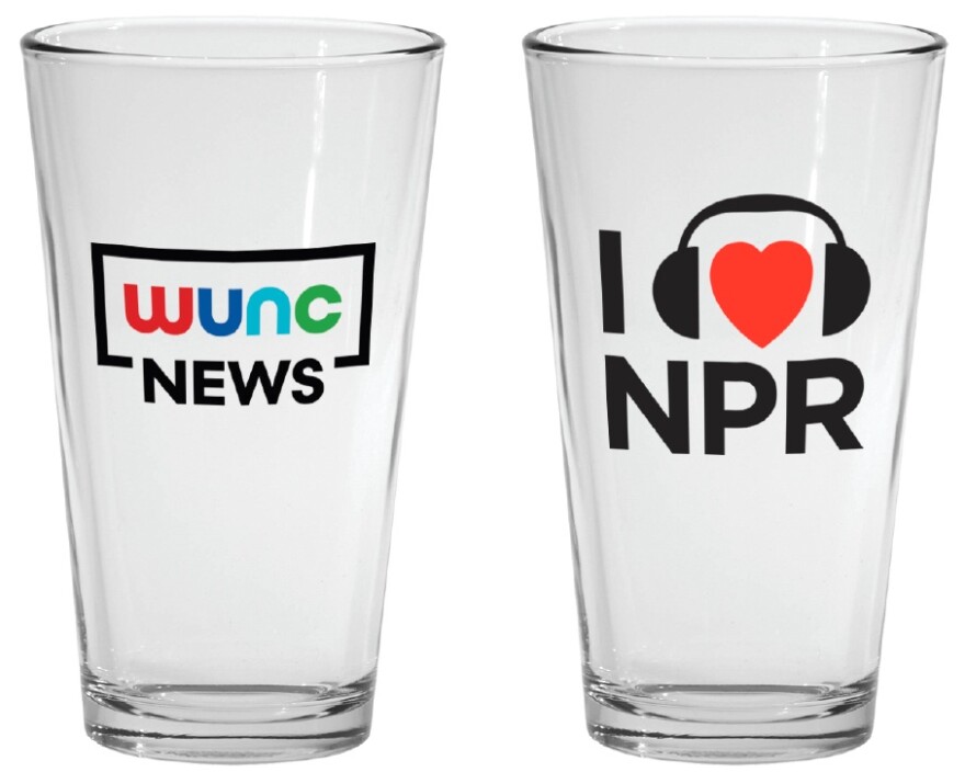 A pint glass featuring the WUNC and and I Heart NPR logos