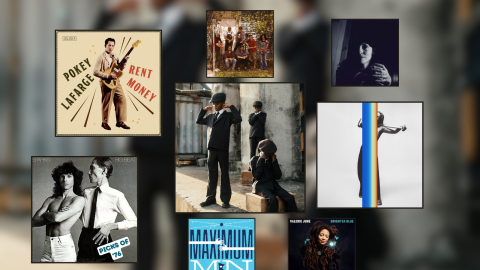 A collage of artwork for new albums and singles. They are displayed in square black frames.