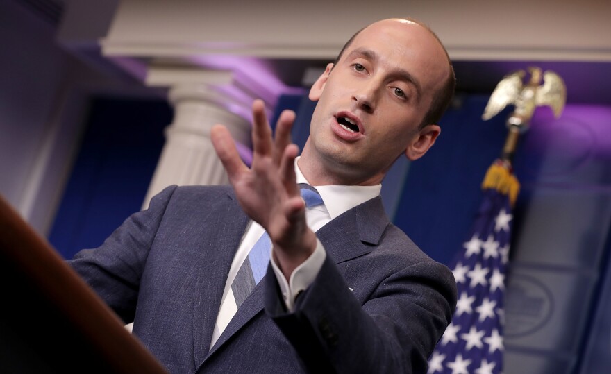 Senior White House policy adviser Stephen Miller talks to reporters about President Trump's support for creating a "merit-based immigration system" in the James Brady Press Briefing Room at the White House on Aug. 2.