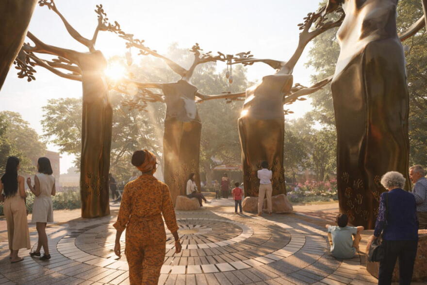 On the tree’s interior of "Rooted" design by MASS in partnership by sculptor Dana King, handprints of community members honor the project’s collaborative effort and collective realization. (Courtesy of MASS)
