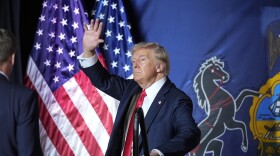 Republican presidential candidate former President Donald Trump gestures to the crowd after speaking at a campaign rally, Wednesday, July 31, 2024, in Harrisburg, Pa.