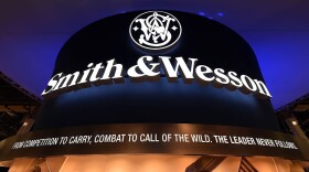 A sign at the Smith & Wesson booth is shown at the 2016 National Shooting Sports Foundation's Shooting, Hunting, Outdoor Trade Show in 2016 in Las Vegas, Nevada. (Ethan Miller/Getty Images)