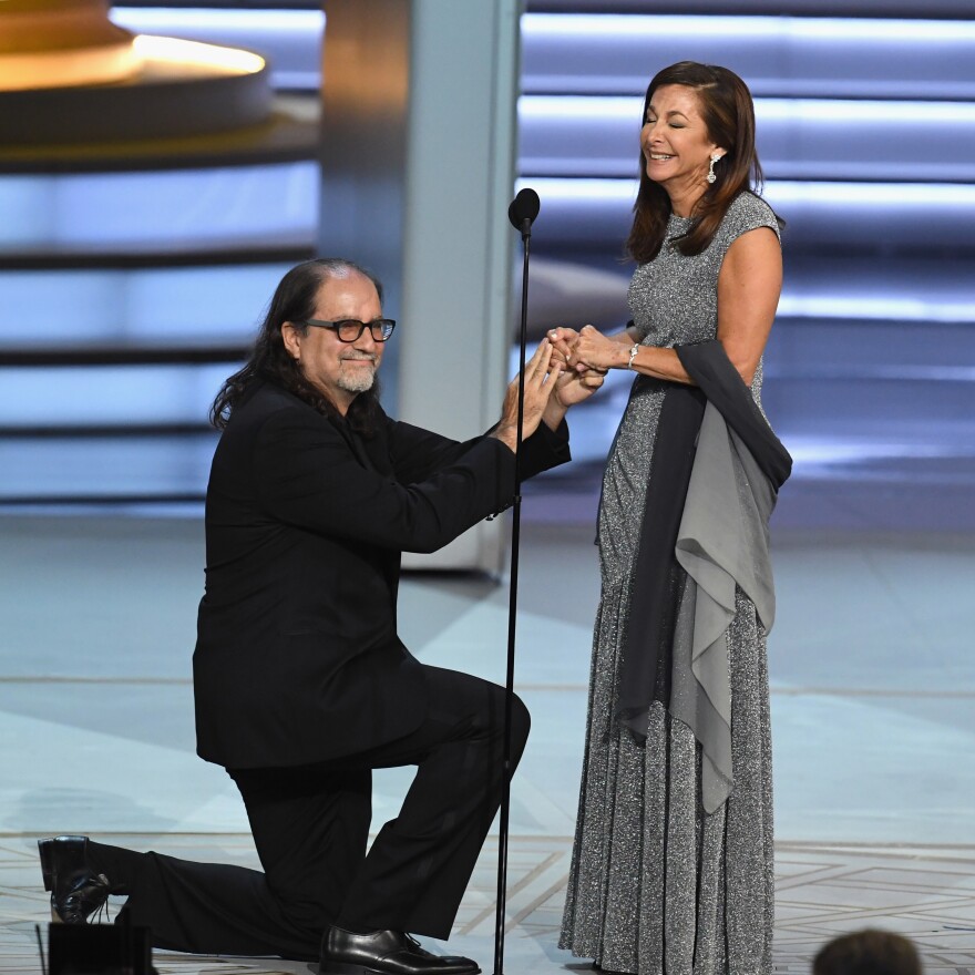 Glenn Weiss, winner of the outstanding directing for a variety special award, proposes marriage to Jan Svendsen.