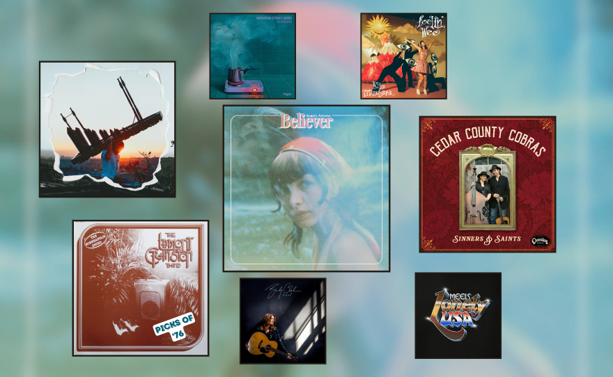 Artwork for four albums and three singles displayed in black square frames over a blurry blue-green background. In the top row from left to right: A person carrying a marimba on their back with the sun setting behind them, a hazy blue-green tinted photo of a woman wearing a red bandana, two people holding an upright bass and acoustic guitar inside a gold frame with red around it. In the bottom row from left to right: A woman in a dress with her arms above her head, a woman in a dark room with sun coming through a window, a pot on a hot plate with steam rising from it, and hard to make out red and white image of an amp with foliage around it.