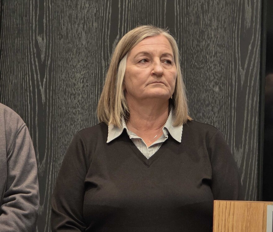 Cincinnati Police Chief Teresa Theetge at a press conference at her attorney's office on March 16, 2026.