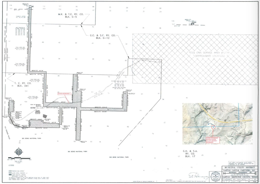 A map of the 2,700 acre Lajitas Utility District located on FM170 between Lajitas and Terlingua illustrates the residence of the one voter eligible to decide on the finalization of the district.