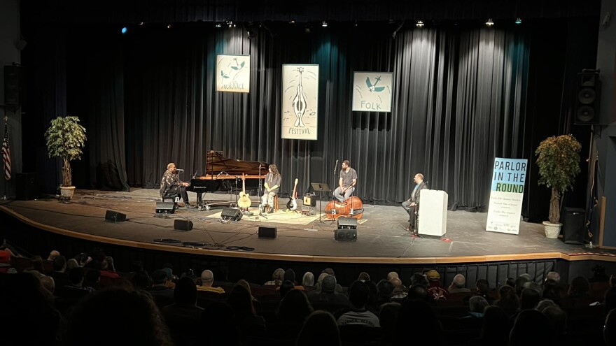 Parlor in the Round on Thursday evening at the Wendy Williamson Auditorium on the UAA Campus, where the main performances and workshops will be held. Parlor in the Round was one of the warm-up events for the Anchorage Folk Festival, where singer-songwriters performed and collaborated on songs. Photo courtesy of the Anchorage Folk Festival.