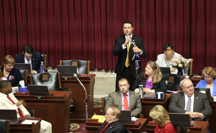 House Minority Leader Jake Hummel, D-St. Louis, speaks on the House floor before the end of the legislative session.