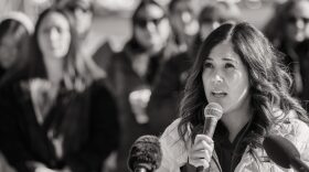 Vanessa Hulliger, the mother of a former Bernalillo County Youth Services Center resident, speaks about the need for improvements at the facility at a protest across the road.