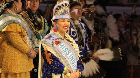 Miss Indian World Dania Wahwasuck is introduced to the crowd during the last Gathering of Nations powwow in Albuquerque, New Mexico, on Friday, April 24, 2026.