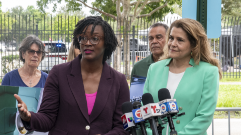 U.S. Senate Democratic candidate Angie Nixon holds a briefing outside an ICE processing facility in Miramar after a whistleblower report alleged overcrowding in the facility. Wednesday, Sept. 30, 2026, in Miramar, Fla.