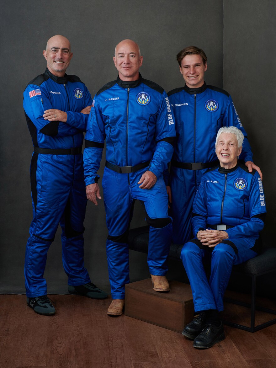 The crew riding with Jeff Bezos includes his brother Mark (left), 18-year-old physics student Oliver Daemen and 82-year-old pioneering female aviator Wally Funk.