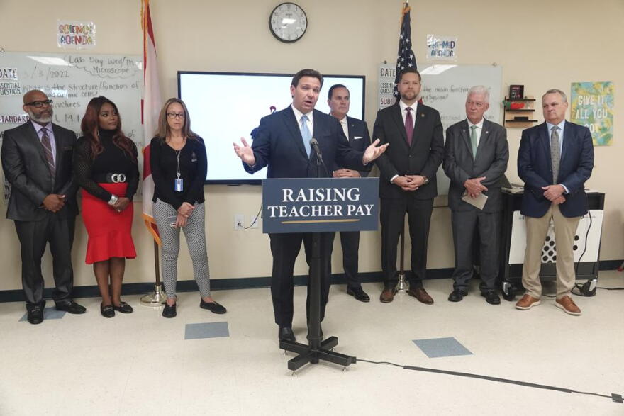 Florida Gov. Ron DeSantis speaks during a news conference at Renaissance Charter School in Wellington, Fla., Monday, March 21, 2022.
