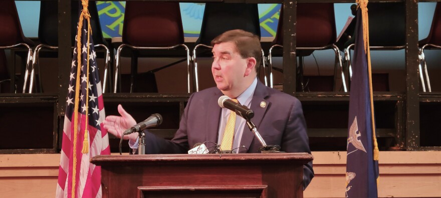 Rep. John Mannion (D-Geddes) speaks during a town hall meeting in Auburn on Tuesday, March 10, 2026.