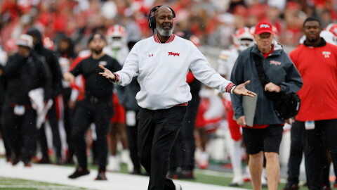 Maryland head coach Michael Locksley, center, reacts to a referee's call during the first half of an NCAA college football game against Ohio State, Saturday, Oct. 10, 2026, in Columbus, Ohio. (AP Photo/Jay LaPrete)