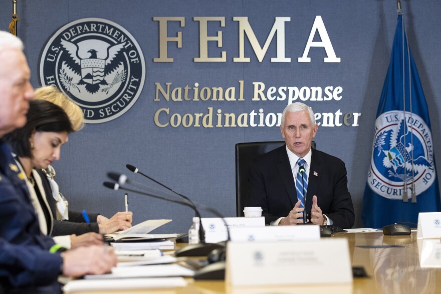 Vice President Mike Pence speaks as he leads a video teleconference with governors about the coronavirus, during a trip to FEMA on March 23. the Federal Emergency Management Agency is keeping a tight grip on critical medical supplies leaving the country – and coming in from overseas. This has frustrated states who are in need of masks, gowns, ventilators and other medical supplies.