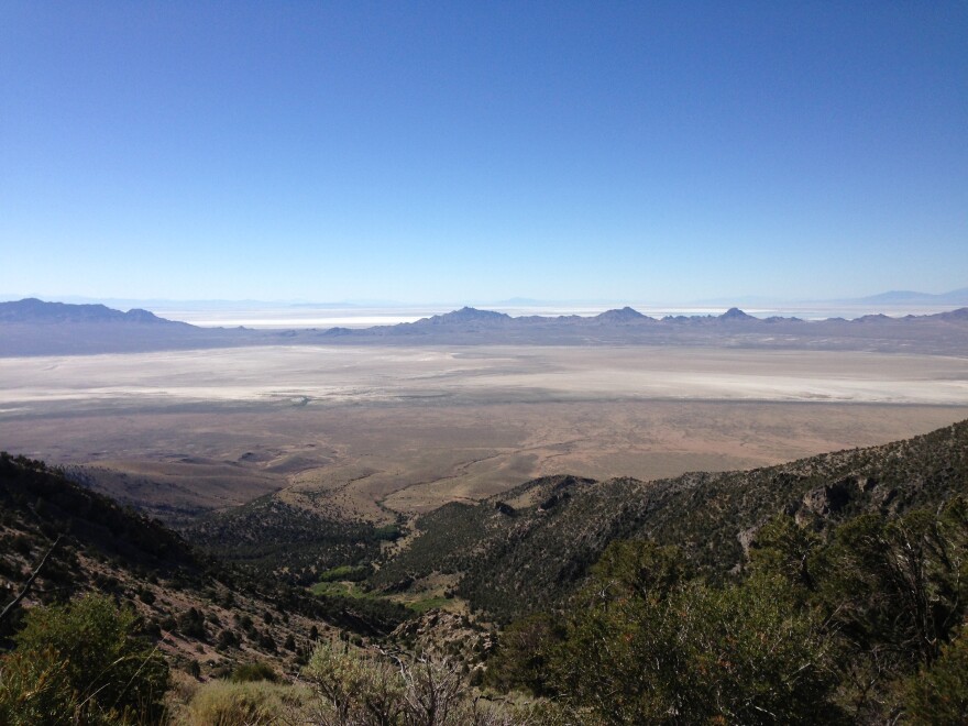 A view down from a green mountainside into a desert pan with mountains behind it.